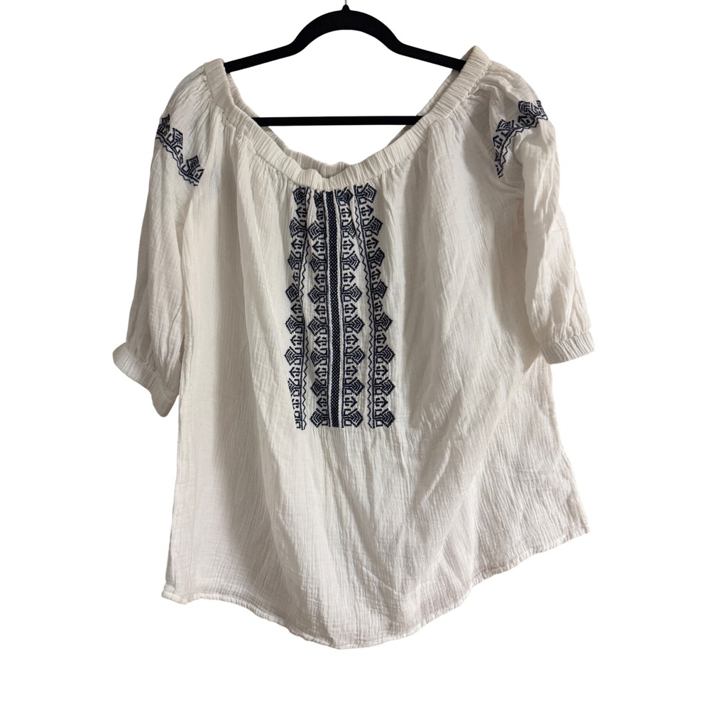 Beachlunchlounge White Cotton Gauze Embroidered Peasant Blouse XL Boho Top